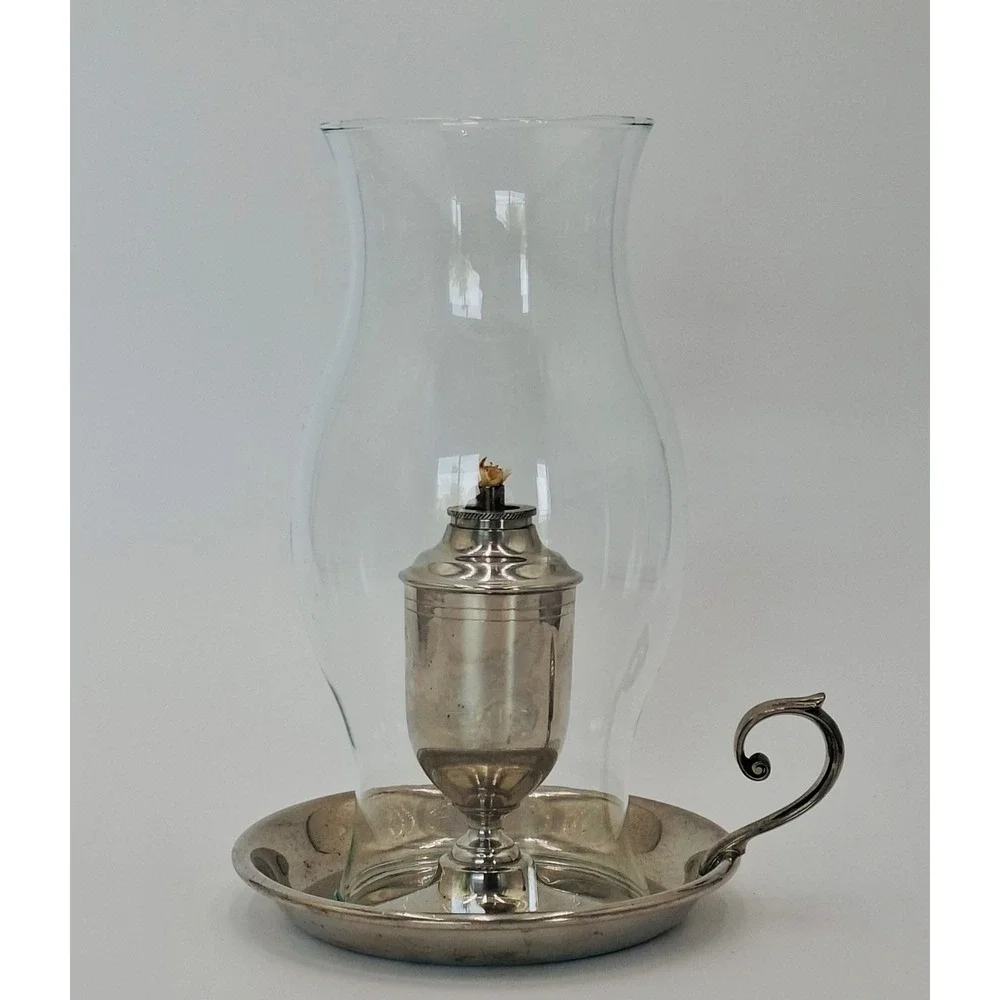 Vintage Shirley Pewter Chamber Oil Lamp Glass Chimney Colonial Finger Handle 9